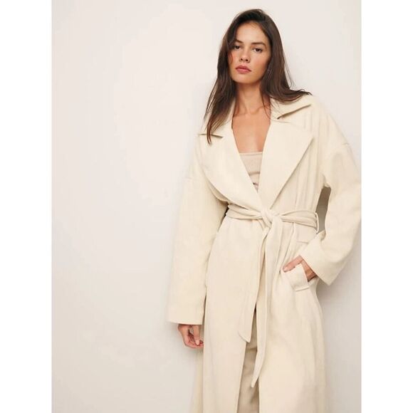 Reformation Walden Wrap Cream Long belted Coat sz L - Picture 1 of 15